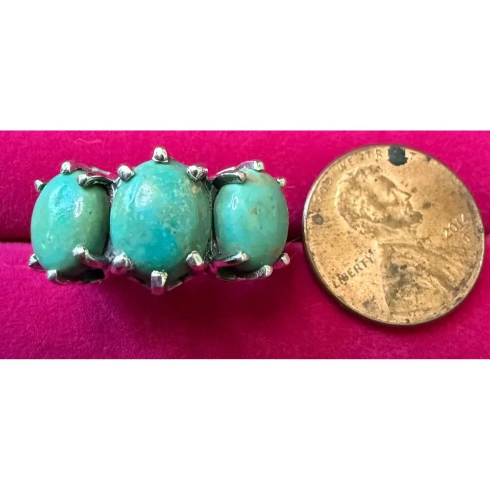 Unique Green Turquoise Three-Stone Women's Ring - Sterling Silver